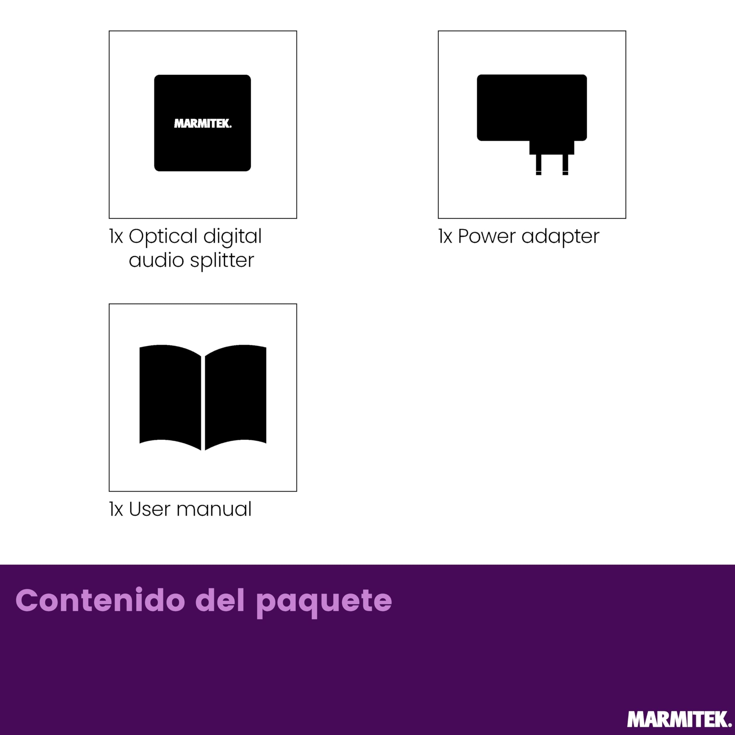 Splitter Audio Toslink - Marmitek Split TS12 - Divisor de Audio Óptico - 1 IN / 2 OUT - Frecuencia de Muestreo de 192 kHz - Dolby Digital - DTS - SPDIF - Amplificador Integrados | Divisor de audio óptico S/PDIF para TV y amplificador, sin retraso ni pérdi