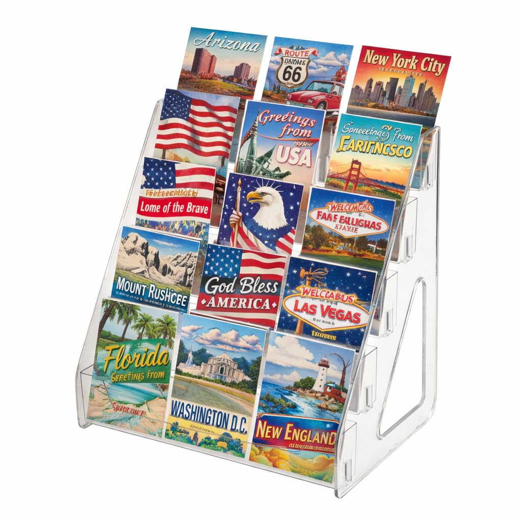 SSYYGET Greeting Card Display Stand, 3 Tier Postcard Display Stand, Portable Card Display Rack, Wooden Retail Display Holder, Magazine Organizer Rack (5 Tier - Acrylic)