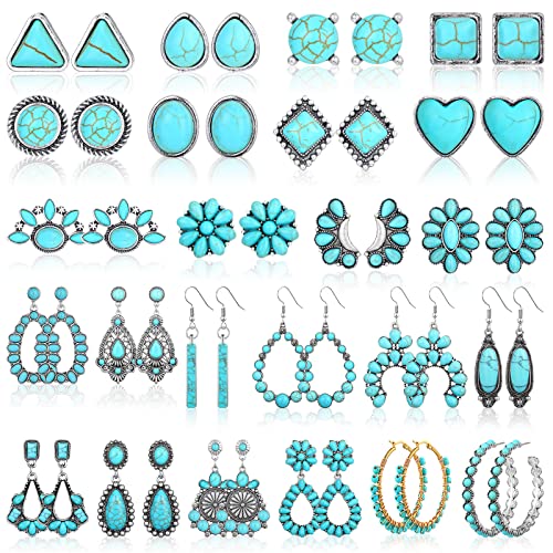 24 Pairs Turquoise Earring Set for Women Bohemian Teardrop Dangle Stud Turquoise Round Metal Earrings Boho Vintage Oval Jewelry for Women Fashion Accessories Gifts (Ear Stud Style)
