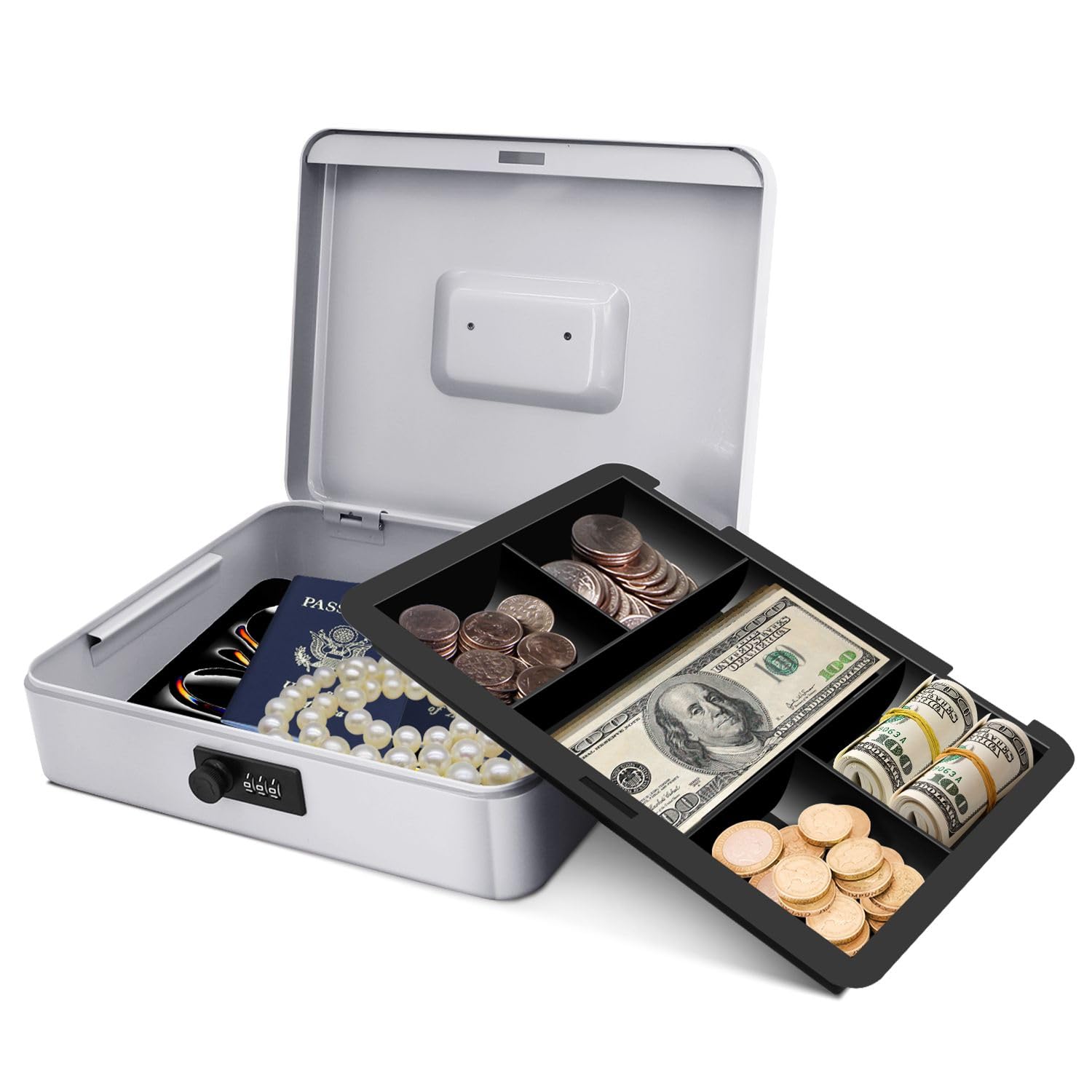 – Flexzion Metal Cash Box with Combination Lock - 5-Compartment Petty Cash Box with Money Tray and Lock for Small Business - Removable Money Tray for Bills, Checks & Coins, 11.8"x 9.4"x 3.5", Gray