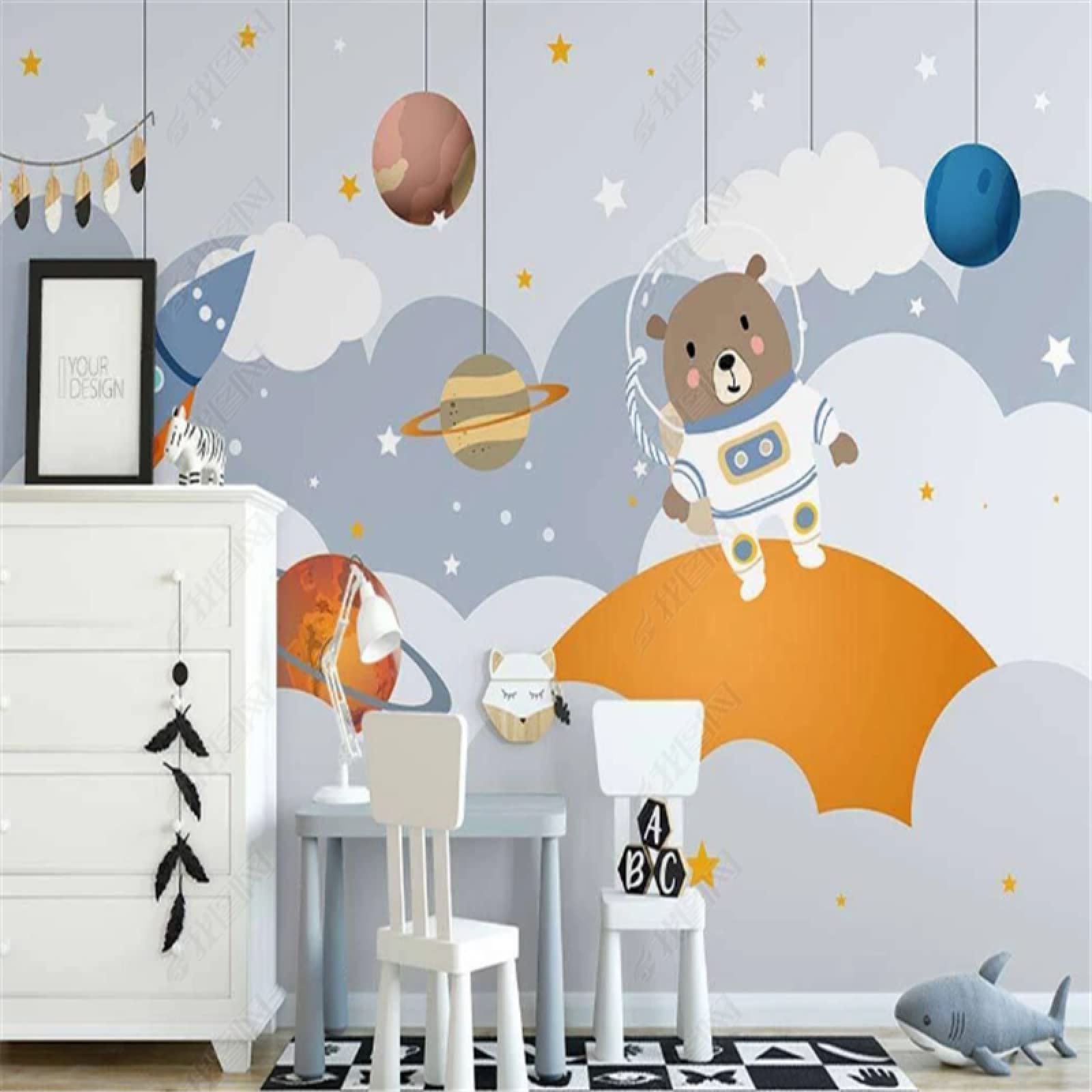 Nordic Dipinto A Mano Simpatico Orso Carta Da Parati Murale Per Bambini Spazio Camera Pianeta Sfondo Camera Da Parati Carta Da Parati 250Cm(W)×175Cm(H)