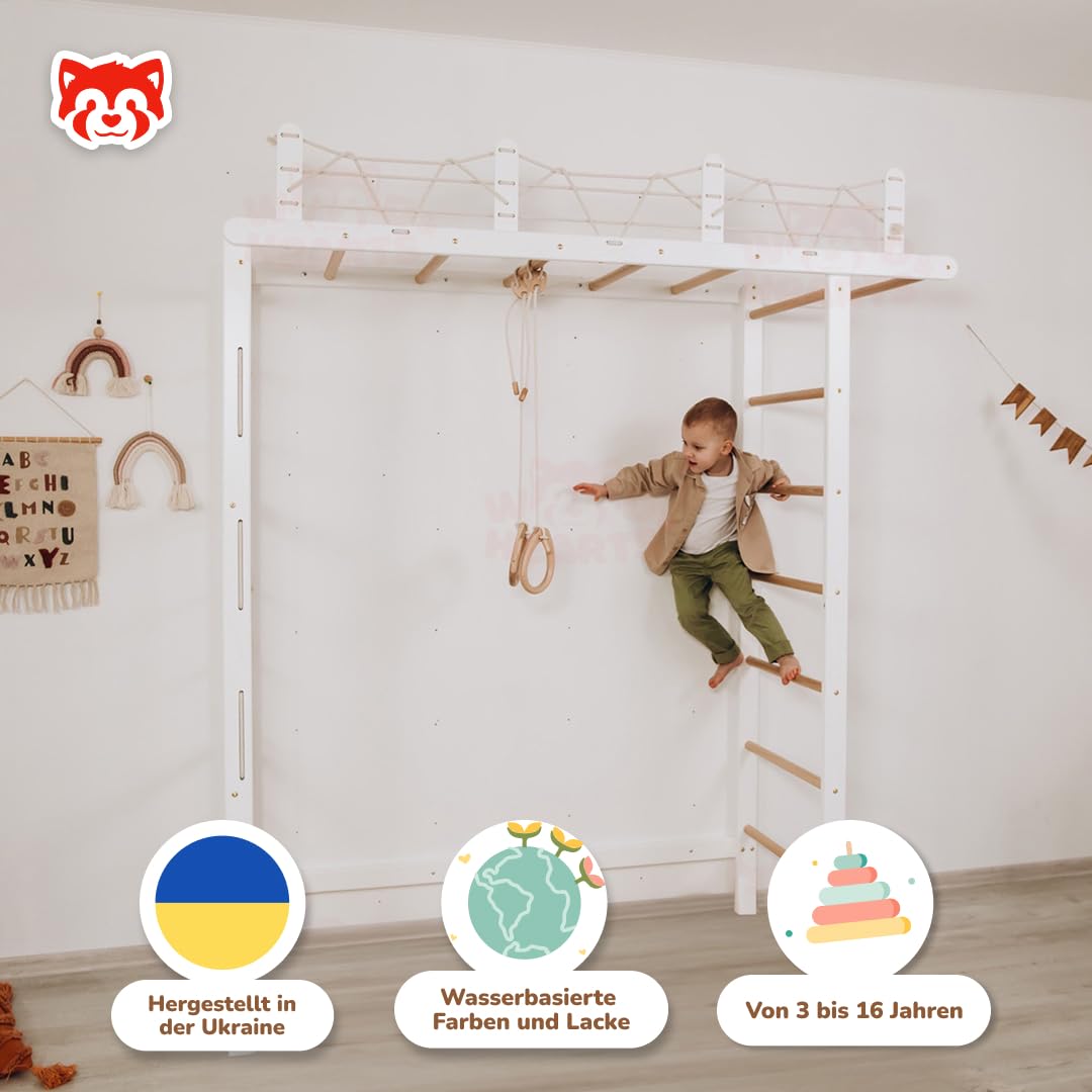 Wood And Hearts Drinnen Schwedische Leiter, Klettergerüst Indoor, Indoor Kletterwand Kinder, Turngeräte in Weiß und natürliche Holzfarbe mit Paar Gymnastikringe