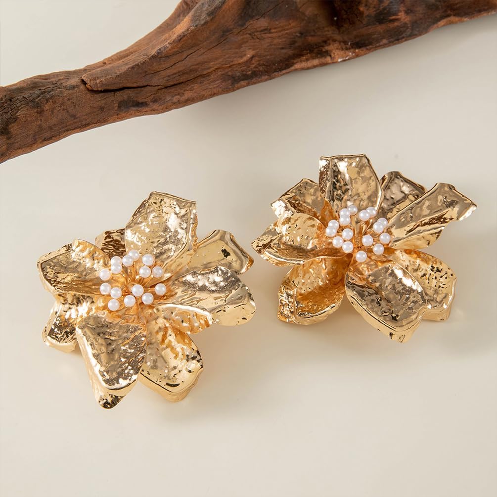 Statement Pearl Large Metal Flower Gold Earrings for Women, Unique Exaggerated Pearls Big Floral Stud Earring Trendy Cocktail Party Prom Jewelry Gift - Image 6