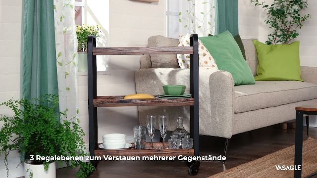 VASAGLE Küchen-Servierwagen mit abnehmbarem Tablett, 3-stöckiger Küchenwagen auf Rädern mit Stauraum, mit Bremsen, Nivellierfüßen, 40 x 71 x 85 cm, rustikales Braun und Schwarz ULRC72X