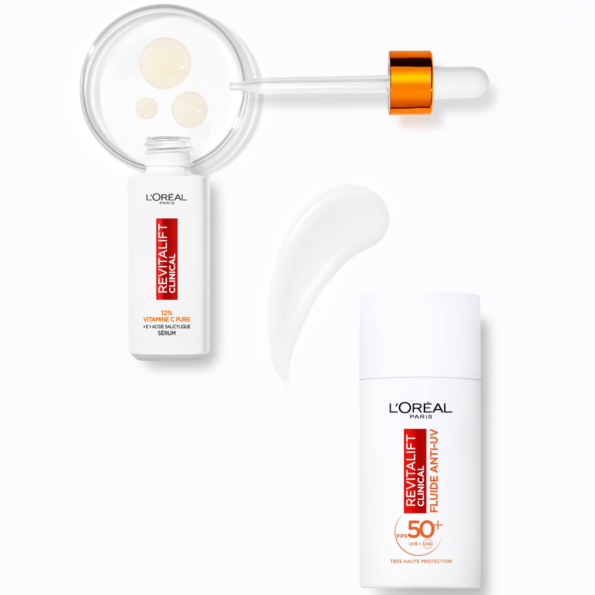 L'Oréal Paris - Anti-Aging-Gesichtsrutine Set mit Vitamin C - 12% Serum Reines Vitamin C und Sonnenflüssigkeit Anti-UV FPS 50+ - Anti-Falten - Revitalift Clinical