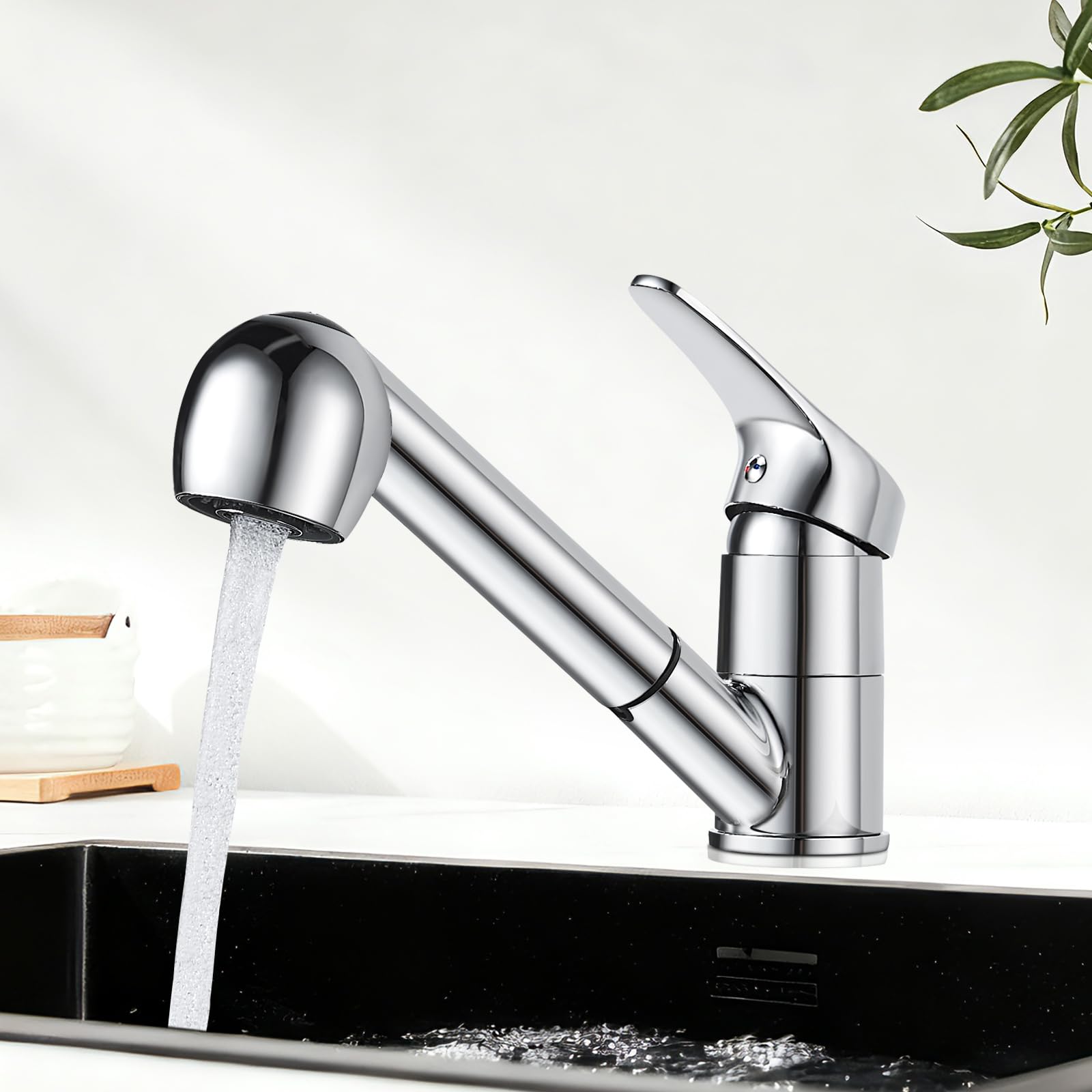 Namuoto Küchenarmatur Ausziehbar, 360° Drehbar Wasserhahn Küche, Spültischarmatur Küche mit Säulentyp Wasserauslass und Duschwasserauslass 2 Modus, Einhandmischer Mischbatterie für Küche Chrom