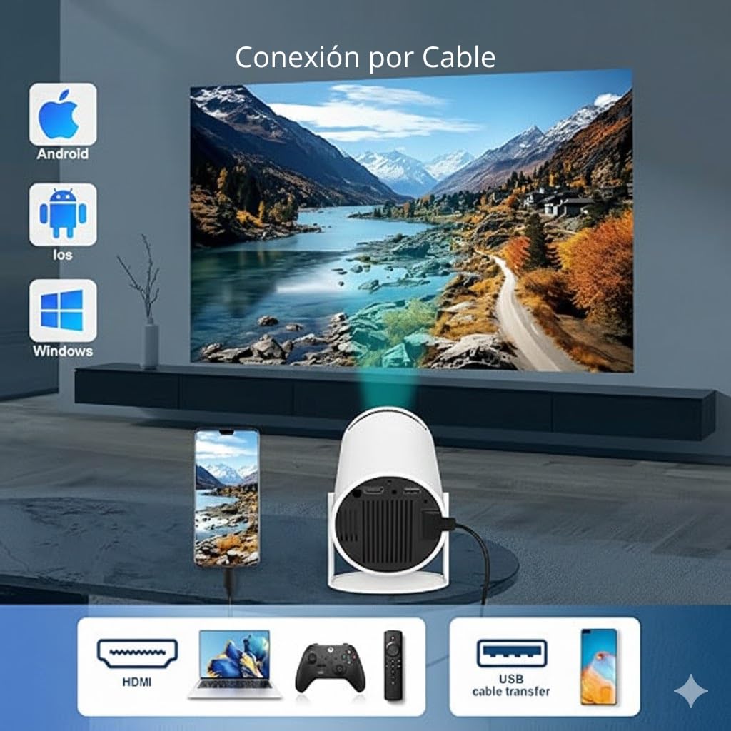 Proyector Portátil, Mini Proyector Full HD 1080P con Android 14, WiFi 6, Bluetooth 5.0, Rotación 180°, Cine en Casa, Apps Store (Netflix, Youtube) 2 + 16GB, TV Stick/HDMI/USB