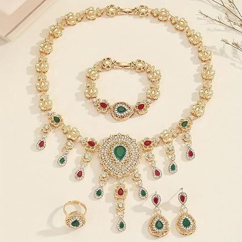 Miniatura 4 de Missgrace Conjunto de joyas de boda de cristal verde indio con diamantes de imitación rojos y gargantillas de cristal, gargantilla, aretes, pulsera,