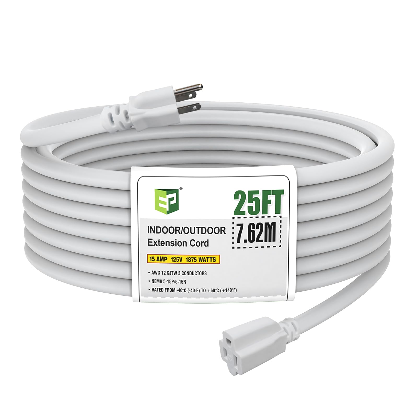 EP 25 Ft Outdoor Extension Cord, 12/3 SJTW Heavy Duty Extension Cable with 3 Prong Grounded Plug, 15 AMP Power Cord for Lawn, Garden, Appliances,