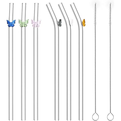 6PCS Reusable Glass Straw Design Butterfly Glass Straw,Colorful Straws Cocktails Bar Accessories Cleaning Brush Bent Drinking Straws for Hot and Cold Drinks (Butterfly)