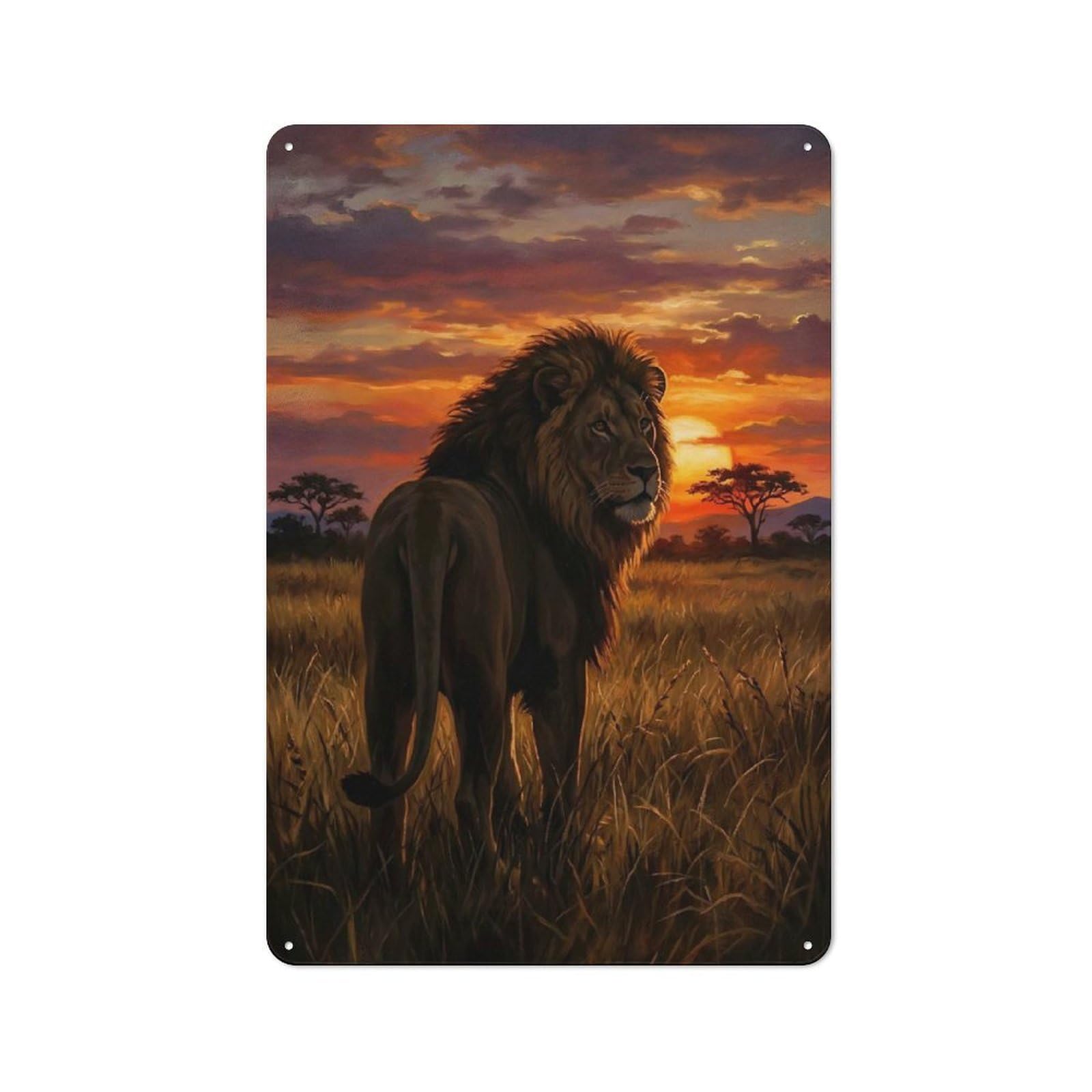 Garage Style Lion at Sunset in Savannah Decorative Metal Plaque 30x20cm, Garage Wall Decor for Workshop, Basement, Shed Or Games Room
