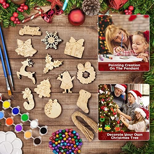 NHOWIN 60 Pcs Wooden Christmas Tree Decorations-12 Different Shapes DIY Wooden Christmas Ornaments with Paints, Brushes, Ropes & Bells, Unfinished Christmas Crafts for Kids