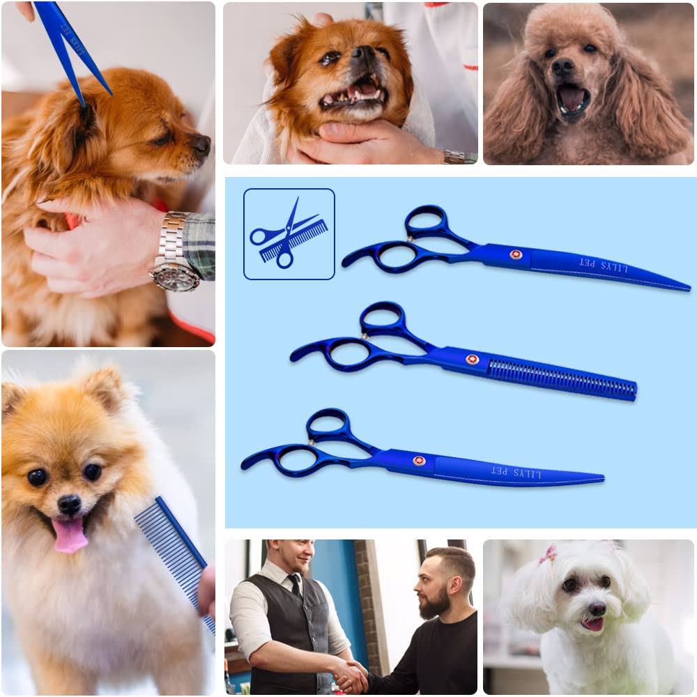 LILYS - Tijeras profesionales para mascotas con revestimiento de titanio, corte y curvado y tijeras de entresacar