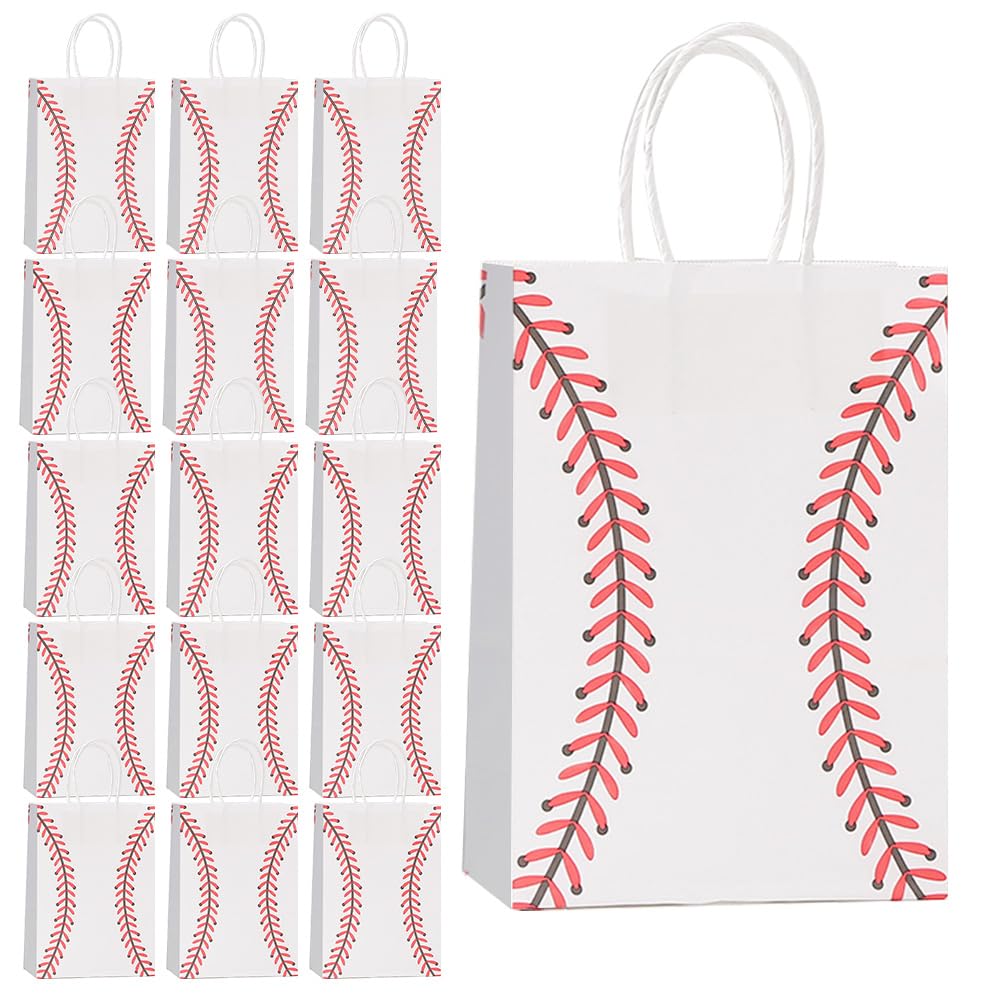 Youghuen 16 PCS Baseball Snack Bags,Baseball Paper Bags with Handle as Goodie Bags, Candy Bags for Team, Birthday Party Favors Supplies Sports Party Decoration, white