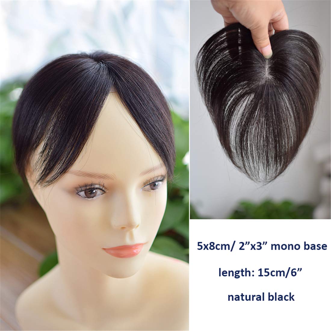 5 x 8cm Mono Crown Topper Human Hair with 2 Clips in for Women with Bald Spot or Scar, 14" Natural Black