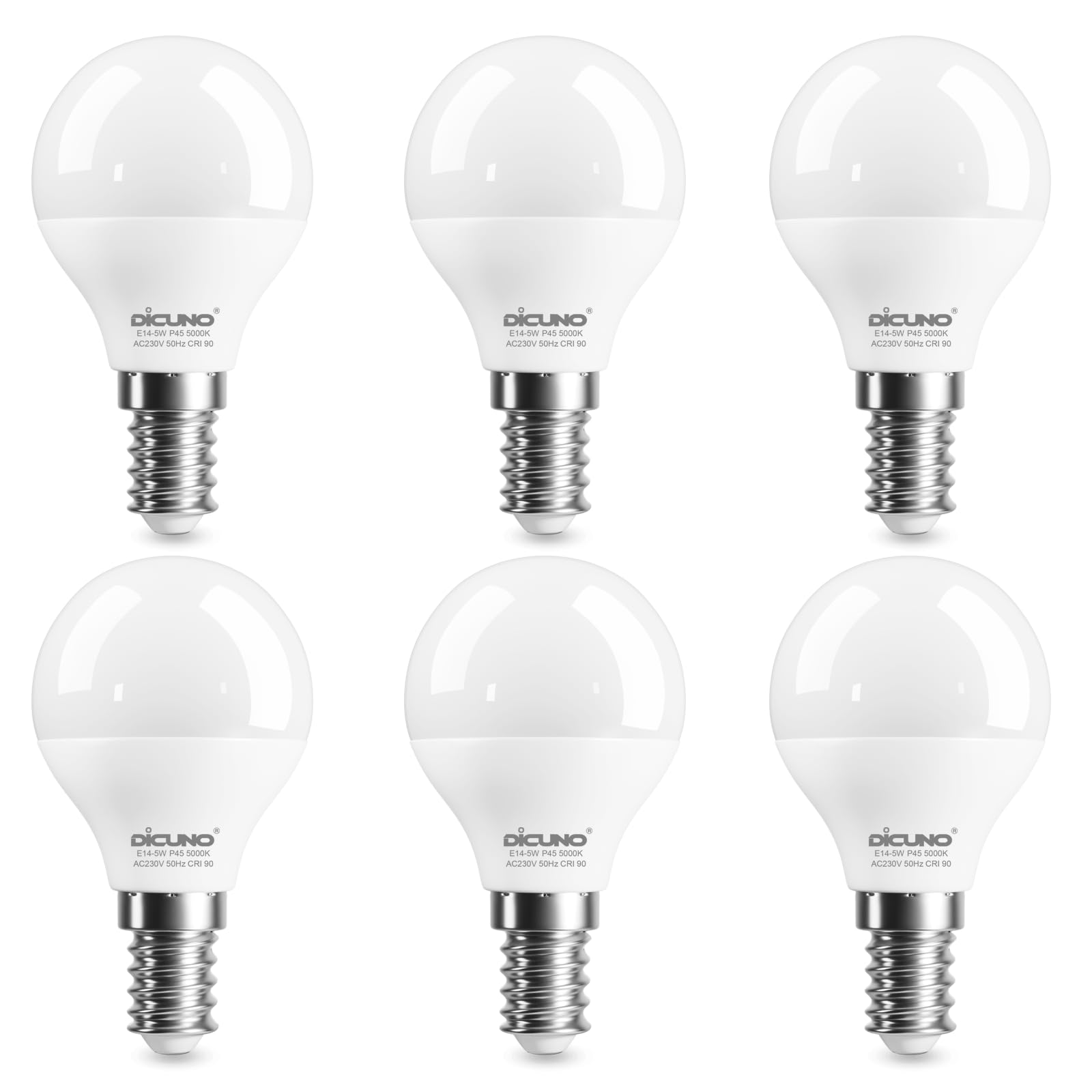 DiCUNO E14 LED Lampen 5W, Ersetzt 50W Glühbirnen, 550lm, CRI 90, Matt, 230V AC, Nicht dimmbar, 6er Pack