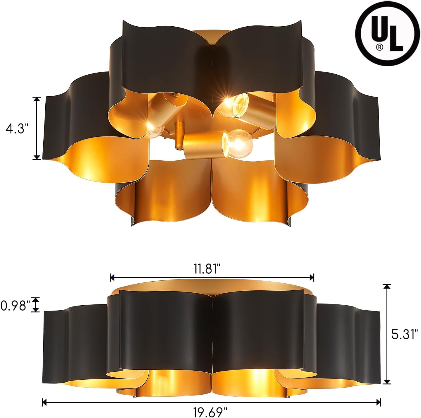 VILUXY Modern Black and Gold Flush Mount Ceiling Light 19” Flower Close to Ceiling Light Fixtures 3 Lights Vintage for Hallway, Entryway, Closet, Bedroom, Kitchen