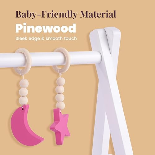 Miniatura 5 de BABESIDE Gimnasio de juego para muñecas de bebé, estante de madera para muñecas con juguetes colgantes, calcomanías de bricolaje, tiras