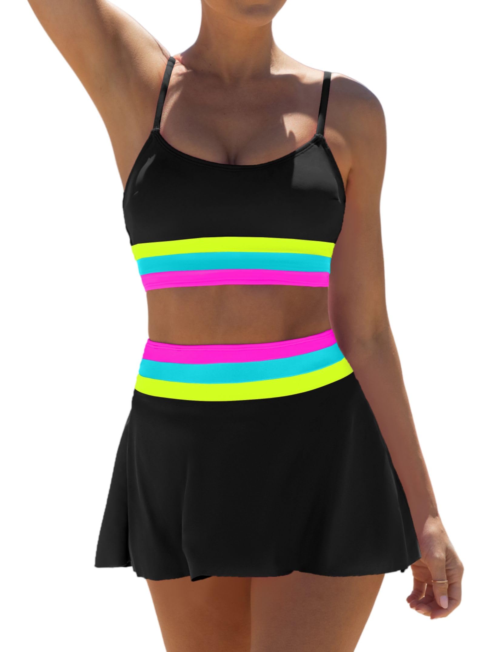 High Waisted Bikini Sets for Women Tummy Control Swimsuits Neon Swimwear 3 Piece Bathing Suits with Skirt 2026-image-44