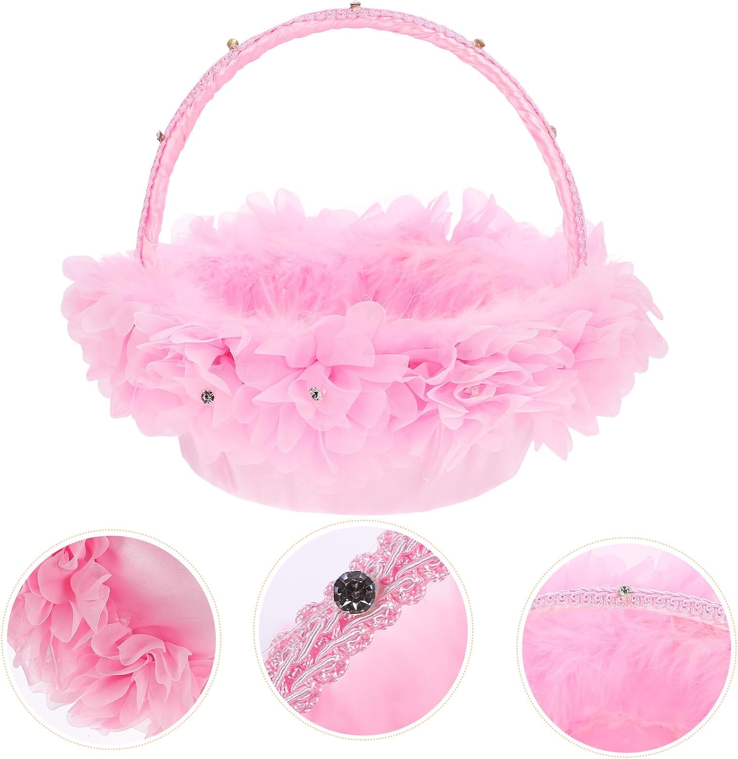 Totority Flower Girl Basket Wedding Basket Pink Lace Handheld for Bridal Shower and Ceremony Supplies