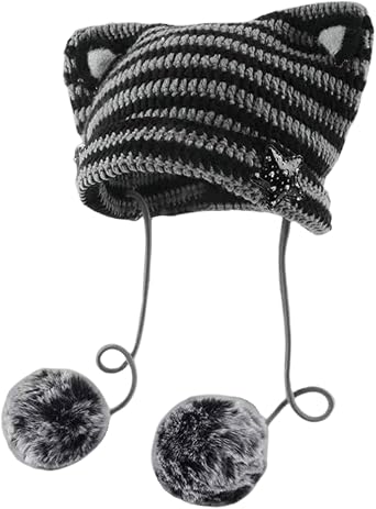Women Kawaii Cat Ear Beanie Hat with Pom Poms Y2K Slouchy Crochet Stripes Knit Skull Caps Winter Warm Cute Star Beanies