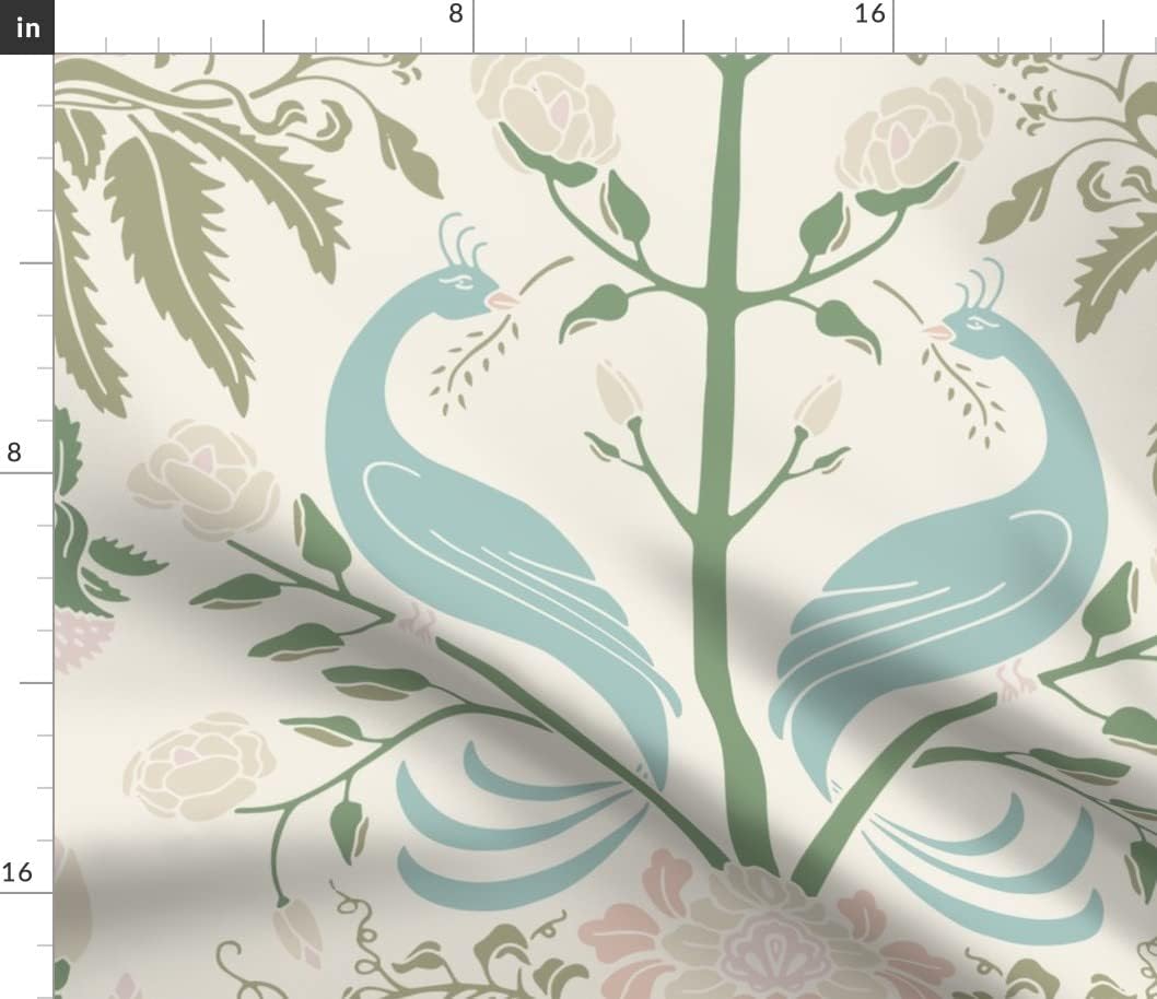 Spoonflower Fabric - Birds Floral Damask Bird Flower Cream Peach Peacock Sage Printed on Cotton Poplin Fabric by The Yard - Sewing Shirting Quilting Dresses Apparel Crafts