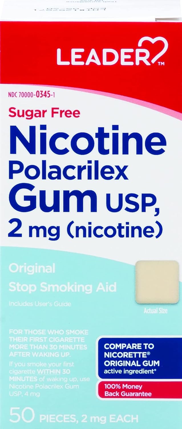 LEADER Nicotine Gum Stop Smoking Aid, 2 mg, Nicotine Transdermal System, Ice Mint, Polacrilex Quit Smoking with Behavioral Support Program, Sugar Free, 100 Count, Pack of 2