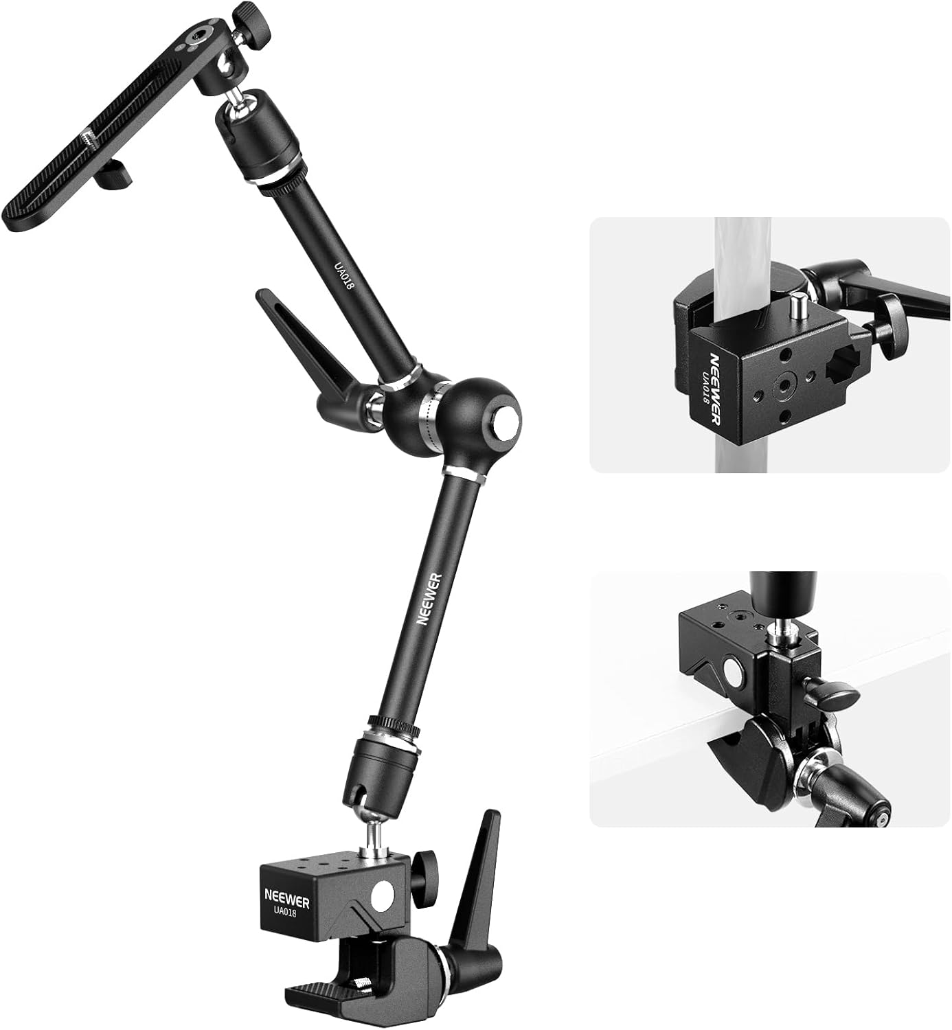 NEEWER 21" Magic Arm Camera Mount with Super Clamp, Overhead Desk Mount with 360° Dual Ball Head, 1/4" 3/8" 5/8" Stud Adapter for PA073 PA074 Phone Cage Rig DSLR Camera Monitor Video Light, UA018