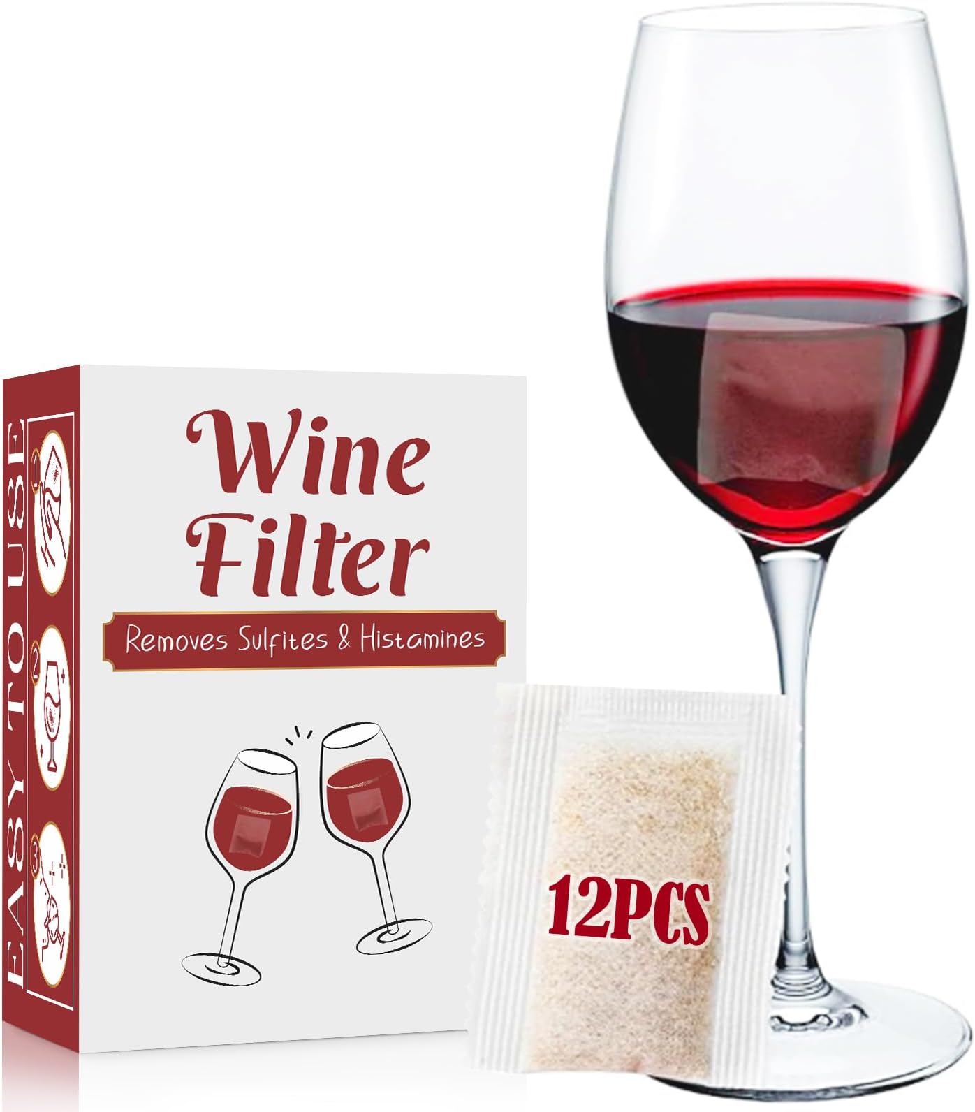 YARKOR Wine Filter 12 Packs, Removes Histamines and Sulfites, Reduce and Alleviate Wine Allergies & Sensitivities - Stops Red Wine Headaches Nausea, Natural Purifier Filters