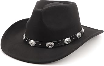Western Cowboy Hats for Women Classic Felt Wide Brim Fedora Hat with Belt Buckle Retro Panama Hat Unisex Rolled up Cap