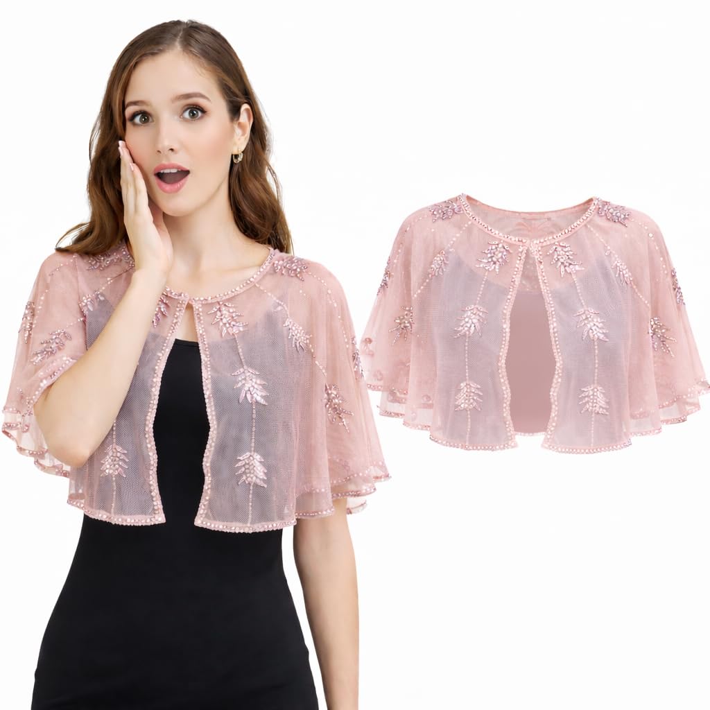 LOOMAURA Women's Pink Sheer Net Shrug with Teeki Sequin Work | Lightweight Transparent Cape for Saree, Gown & Western Outfits | Free Size-picture-20