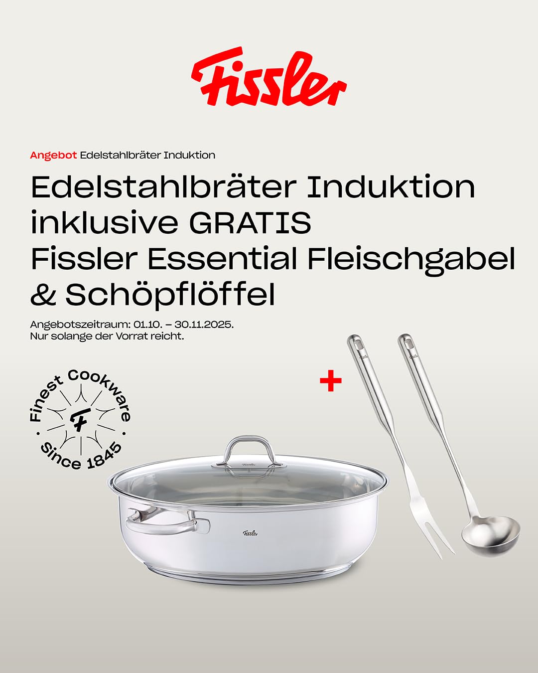 Cocotte en acier inoxydable 38 cm avec couvercle en verre, fourchette à viande et louche à soupe