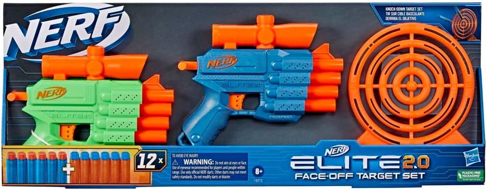 Nerf Elite 2.0 Face Off Target Set, Includes 2 Dart Blasters & Target & 12 Nerf Elite Darts, Toy Foam Blasters for Kids Outdoor Games