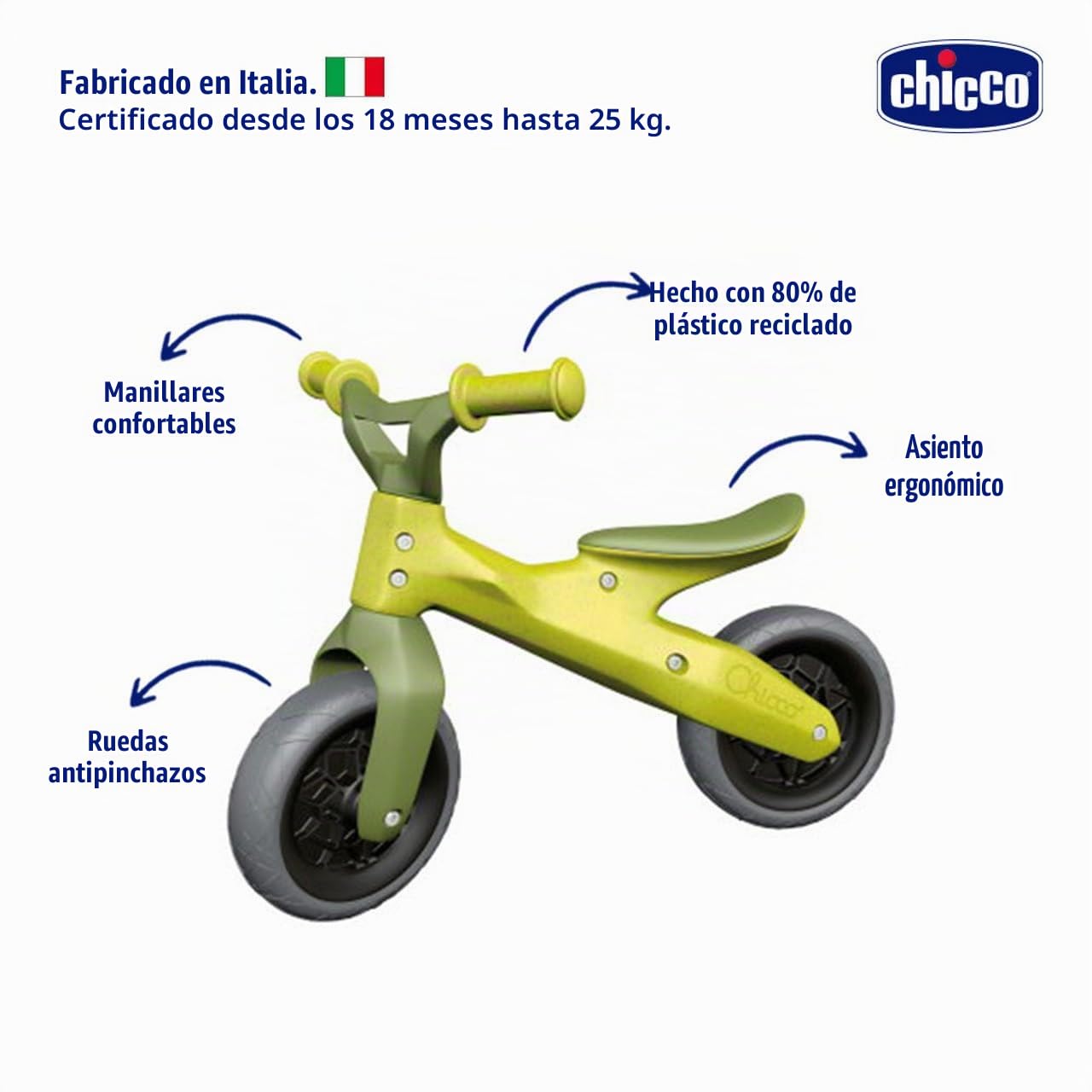 Chicco Bicicleta Eco, Bicicleta para Niños de 18 Meses a 3 años (hasta 25 kg), Bicicleta de Equilibrio sin Pedales, Manillar y Sillín Ergonómicos, Ruedas Antipinchazos, 80% Plástico Reciclado, Verde