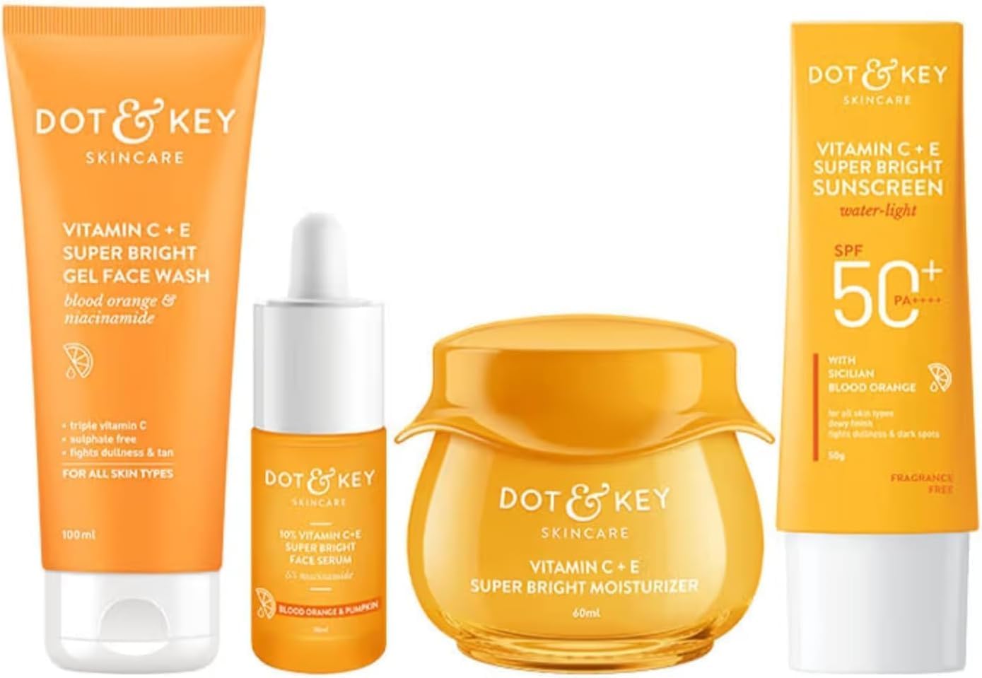 Dot&Key Vitamin C + E Complete Skin Care Combo kit | Face Wash (100ml), Face Serum (30ml), Moisturizer (60ml), Sunscreen (50g) | Vitamin C Daily Glow Booster Combo for All Skin Types (Pack of 4)
