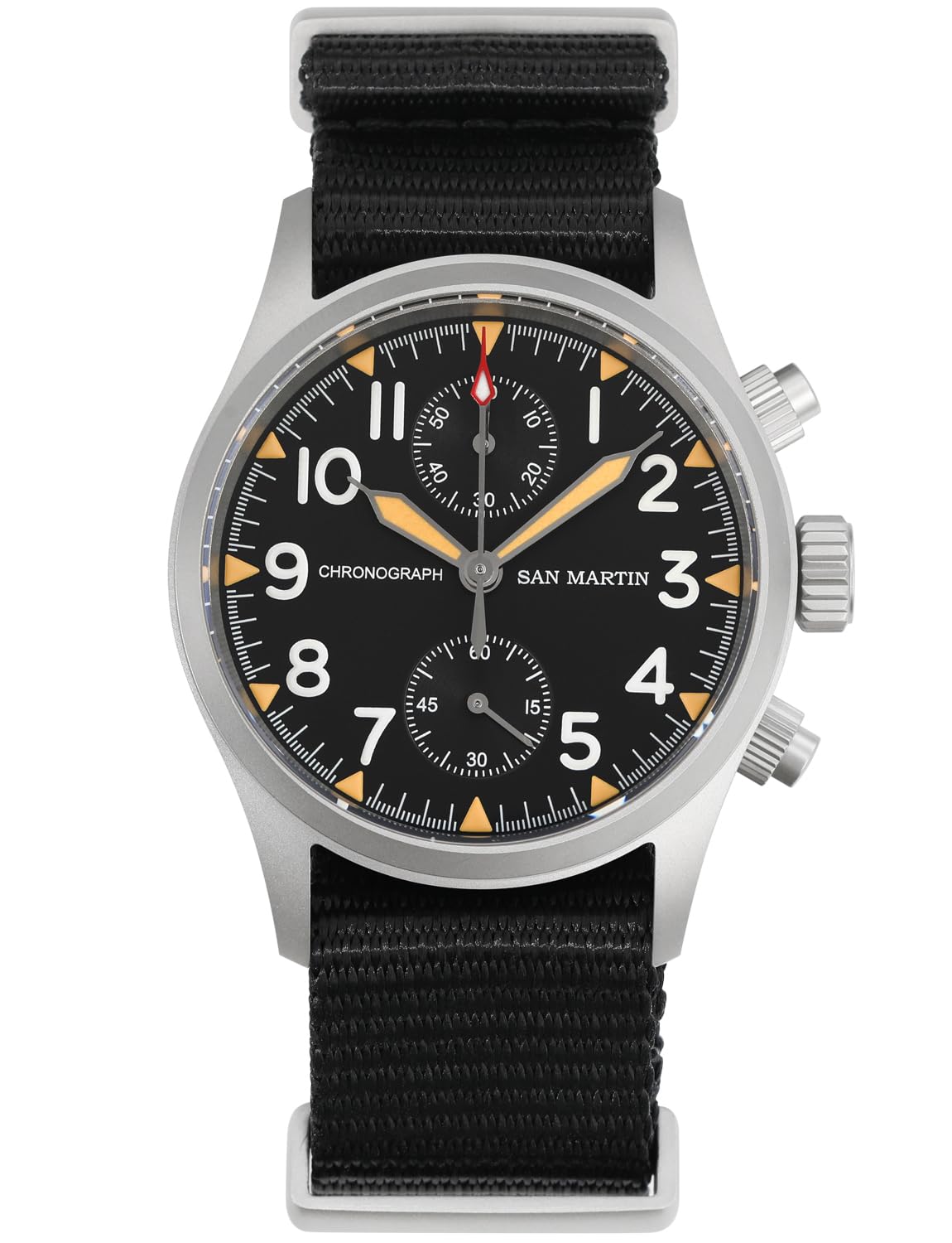 San Martin Military Chronograph Watches 37mm Sapphire Crystal SN0120 Pilot Watch VK61 Quartz Luminous Casual Wristwatches 100M Waterproof Sport Watch with Nylon Strap, Black
