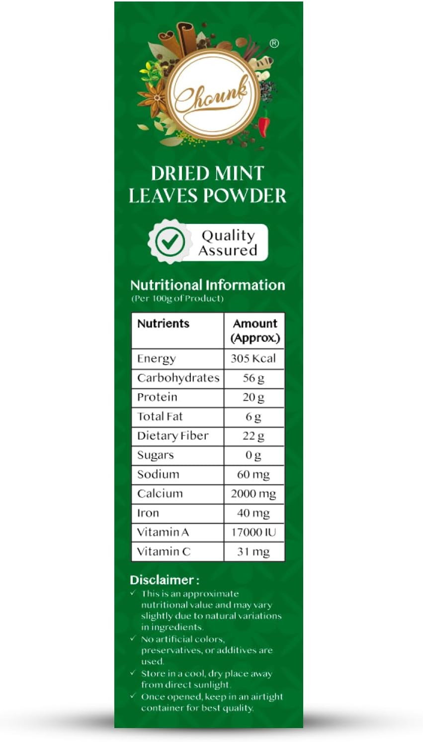 Chounk Pure And Natural Mint Powder | Pudina Powder with No Added Flavors & No Preservatives | Dry Mint Leaves Powder Peppermint Leaf - 300 Grams (100 Grams X Pack of 3)
