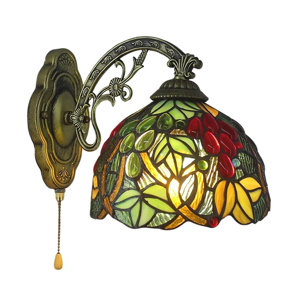 Dualbao Red Grape Green Leaf Stained Glass Wall Sconce Lamp With Pull Chain Switch,Pastoral Vintage Tiffany Style Wall Lights For Hallway Bathroom Vanity Garage Hallway Bedroom,