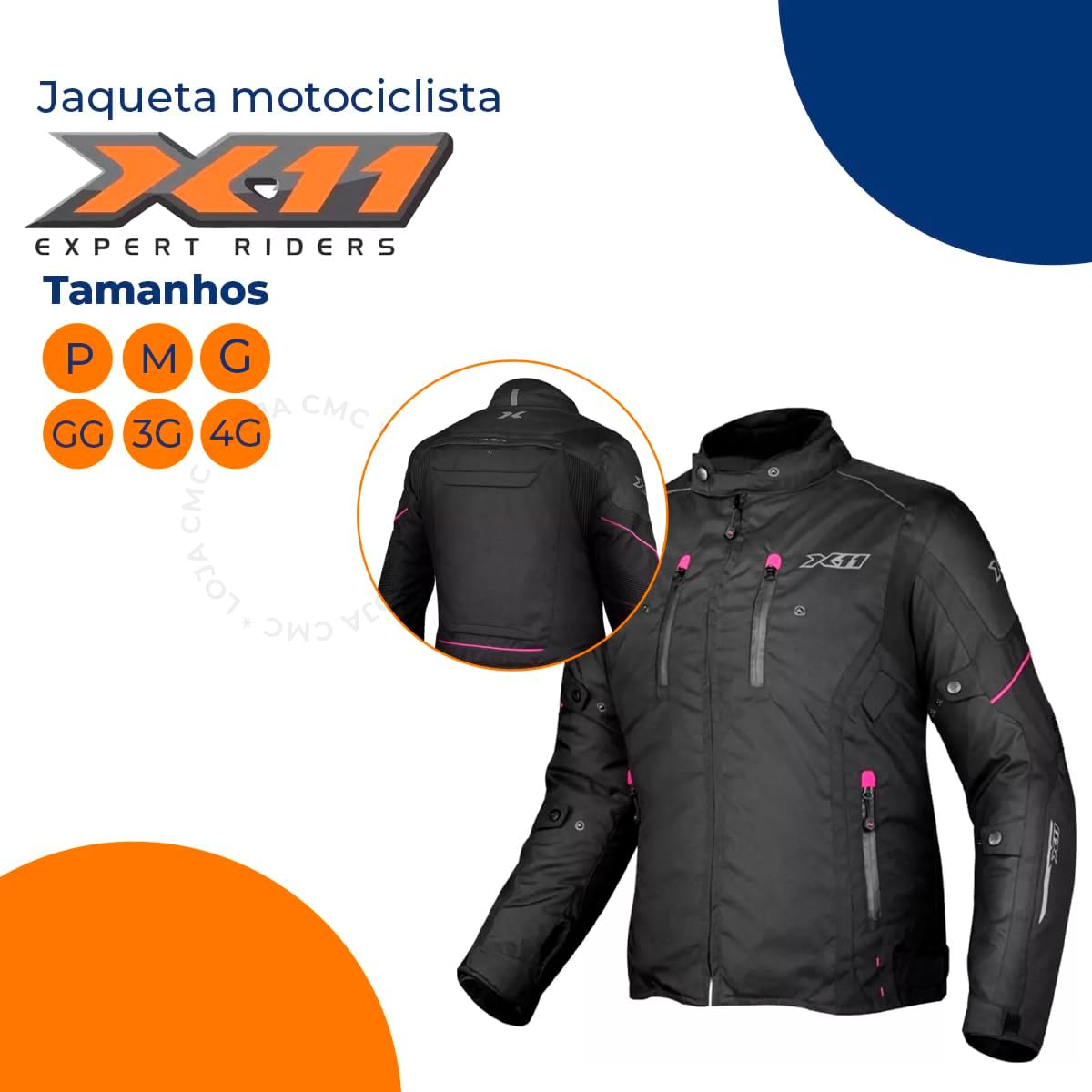 Produto em perspectiva 3D sobre fundo branco com elementos gráficos circulares nas cores azul e laranja. Produto em perspectiva 3D sobre fundo branco com elementos gráficos circulares nas cores azul e laranja.