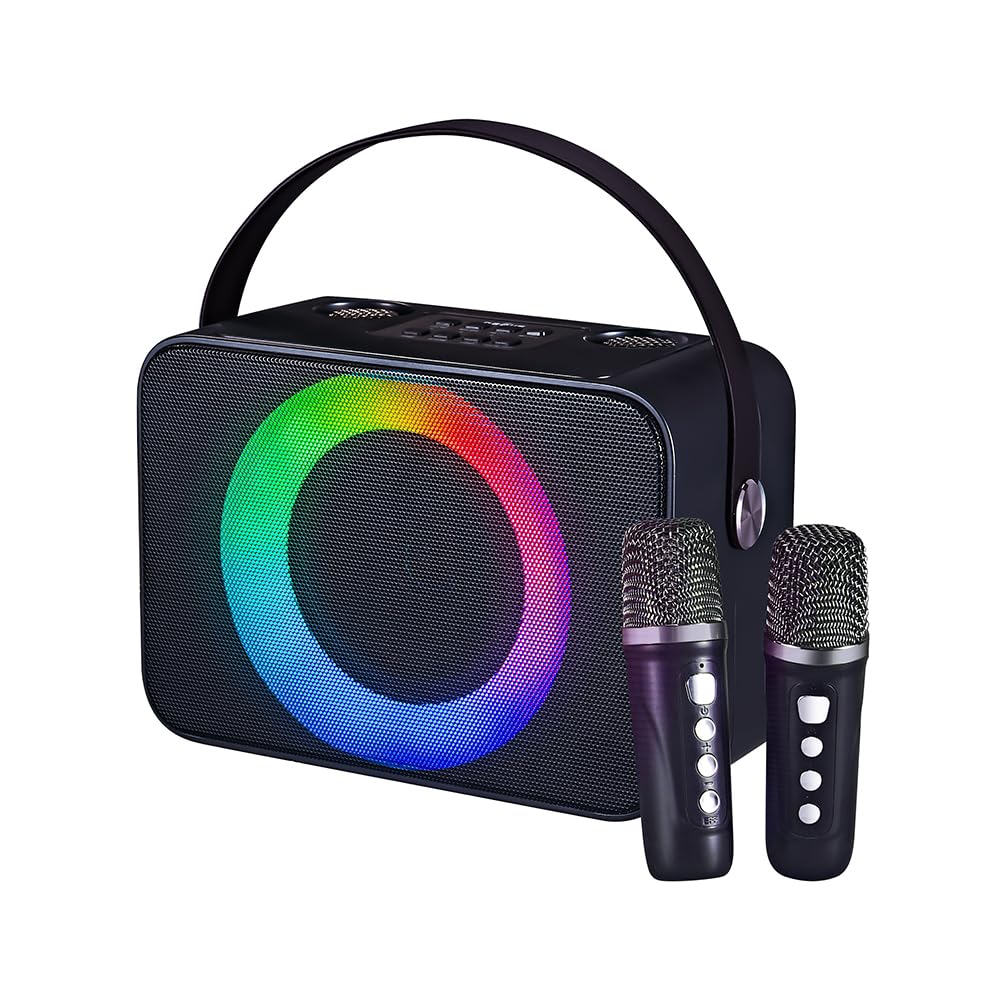 RGB Tragbarer Karaoke-Lautsprecher mit dualen drahtlosen Mikrofonen, USB/TF-Karte kompatibel, 10 W HD-Sound, tragbarer Tragegriff, großer Akku für Familientreffen/Karaoke/Outdoor-Aktivitäten (Schwarz)