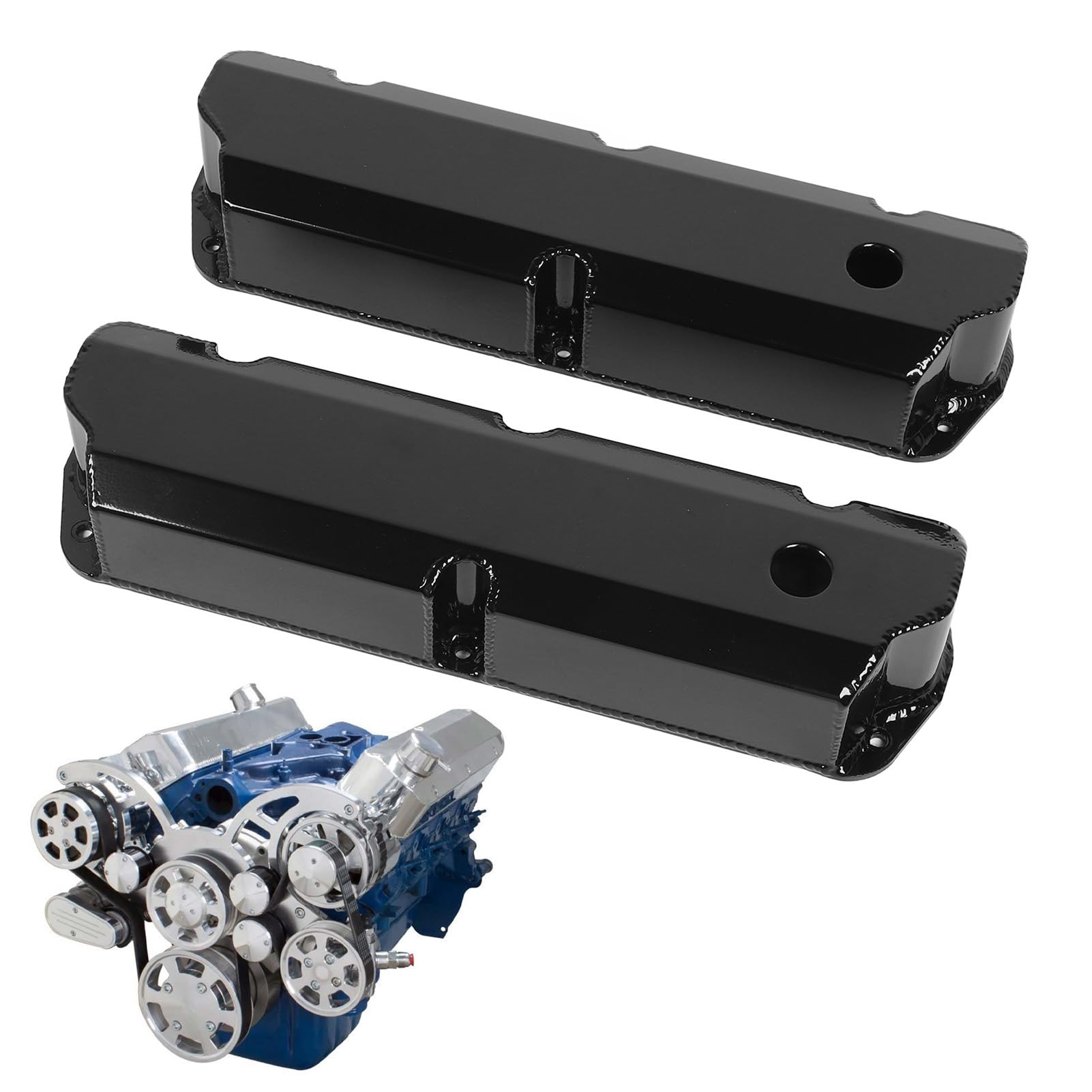 aqxreight Tapa de Válvula Alta DM 4413 BK Pernos Cortos Tapa de Válvula de Aluminio con Orificio de Ventilación para Motor V8 de Bloque Pequeño 289 302 351W 1962 1985 Negro