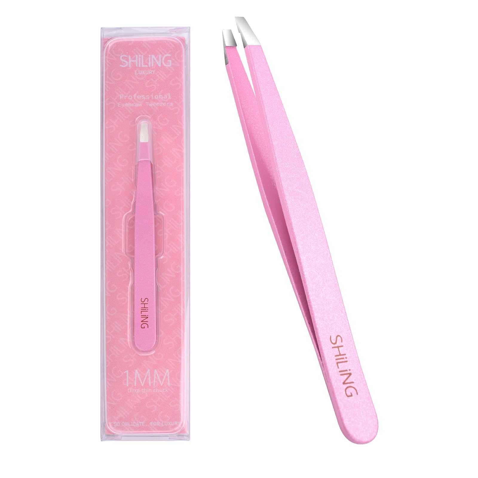 SHILING Flat Tip Tweezers for Eyebrows, 0.1mm Precision, Chin Hair, Pink