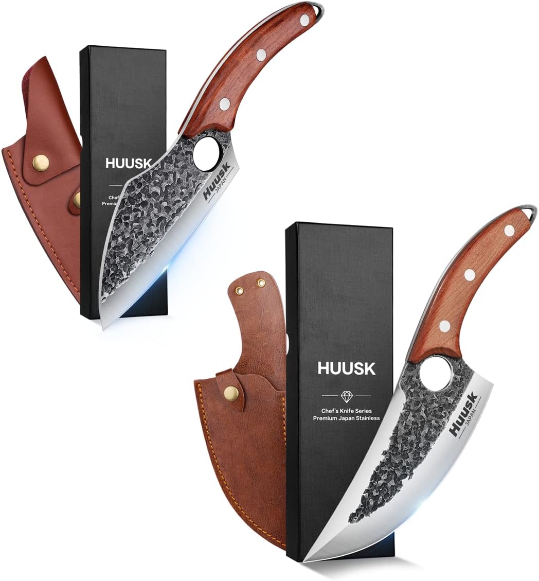 Huusk Upgraded Chef Knives Bundle with Outdoor Camping Cooking Knife with Leather