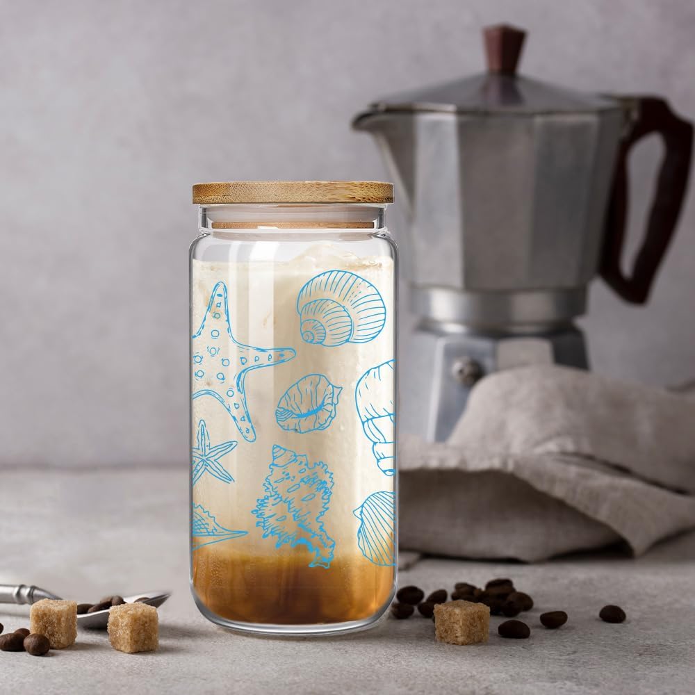 Beach Ocean Animals 16oz Glass Cup with Lid and Straw Gifts for Women Teen Girls, Summer Cup, Beach Party Smoothie Birthday Iced Coffee Cup Decoration Gifts for Mom Wife Sister Friends Colleagues