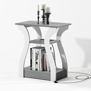 FROMJBEST End Tables Living Room, Grey End Table with Charging Station | Side Table Living Room, with USB Ports and Outlets, Nightstand for Bedroom, 3-Tier Storage Shelf, Bedside Table