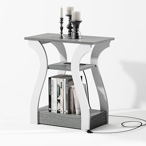 End Tables Living Room, Grey End Table with Charging Station, Grey Side Table, Nightstand for Bedroom, 3 Tier End Table with Storage Shelf for Living Room