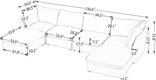 Miniatura 2 de JIVOIT U-Shape Sectional Sofa Set, Modern Large Modular Sofa Set, 2 Large Chaise with Removable Ottomans for Living Room, 6-Seat Upholstered Sofa