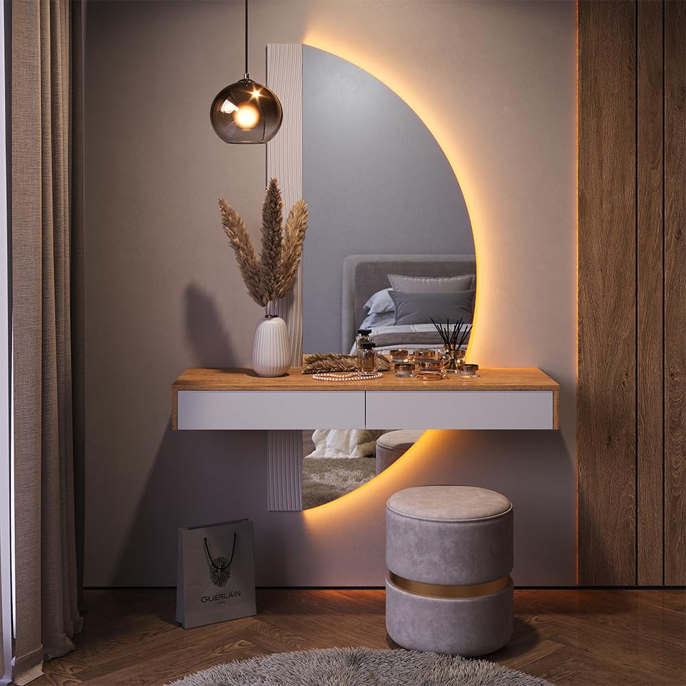 Vicco Schminktisch Melisa – Kosmetiktisch mit Spiegel, Eiche/Weiß, 120 cm, LED-Beleuchtung