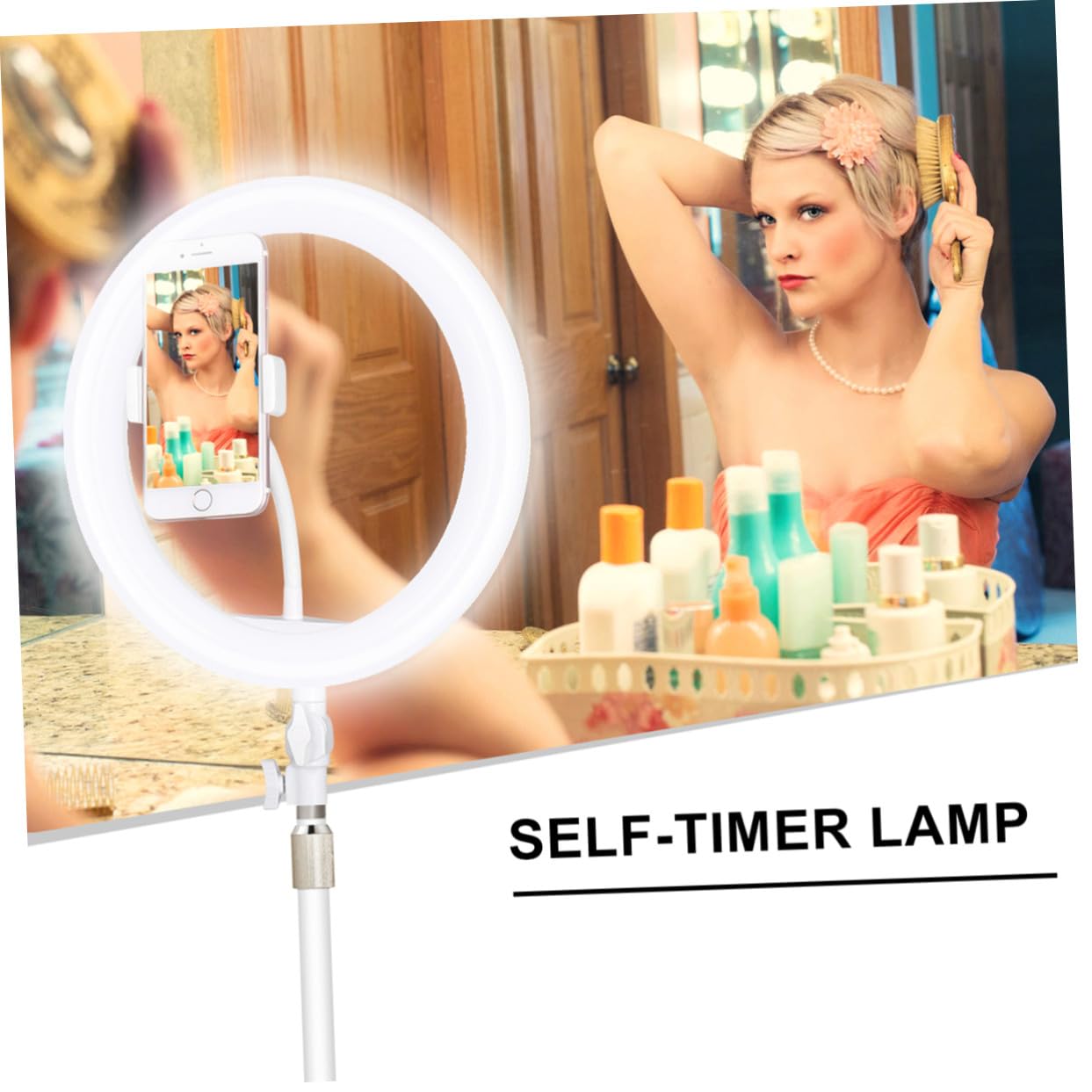 SHINEOFI Luce LED Dimmerabile per Selfie Supporto Telefono, Lampada da Bellezza Bianco in Ferro e Plastico Cavo USB per Fotografia e Live Streaming
