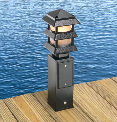 Arlington GPD9B Gard-N-Post installed on a wooden dock with a light fixture attached.